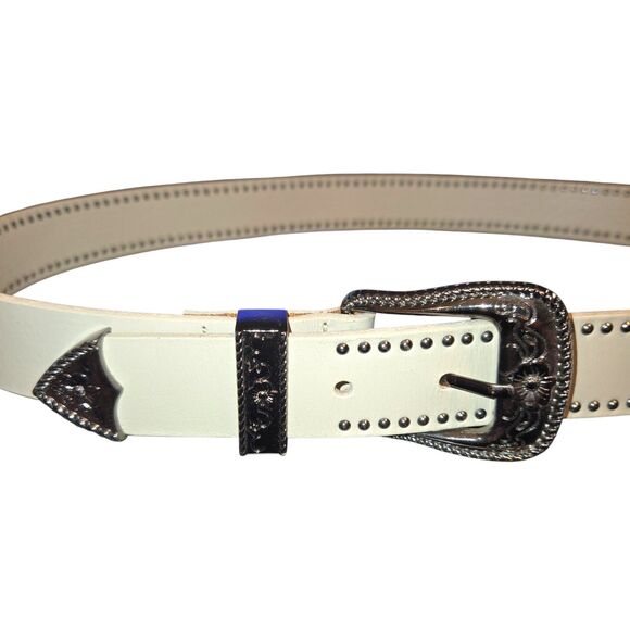 American Eagle NWOT Light Gray Studded Double Buckle Western Belt Size M/33" - Picture 2 of 5